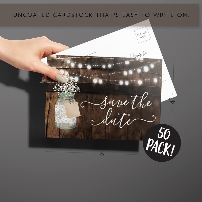 Your Main Event Prints 50 Rustic Mason Jar Save The Date Cards for Wedding, Engagement, Anniversary, Baby Shower, Birthday Party, Wood Save The Dates Postcard Invitations - Image 4